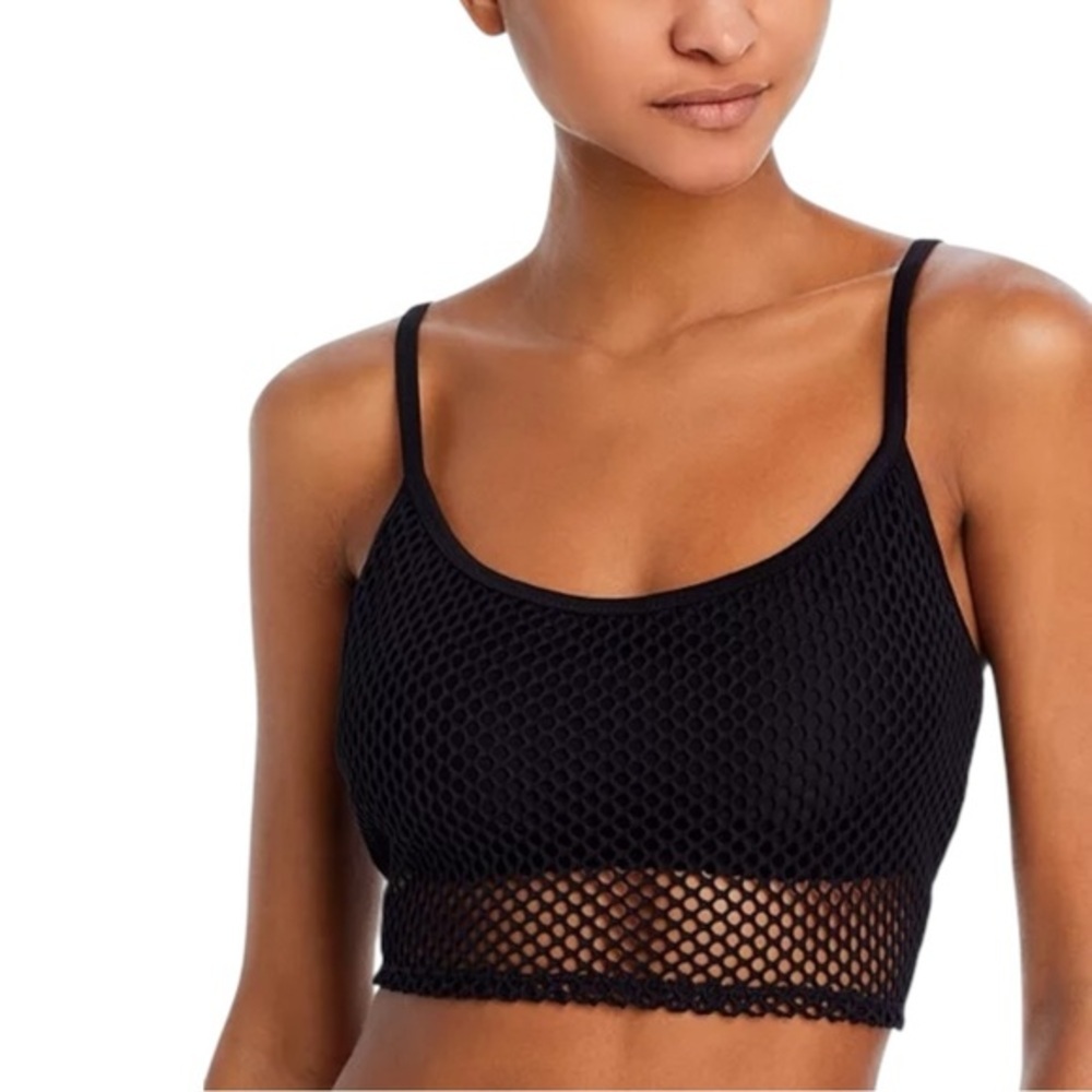 Robin Piccone Pua Fishnet Cami Black Mesh Overlay Swim Bralette Bikini Top, M